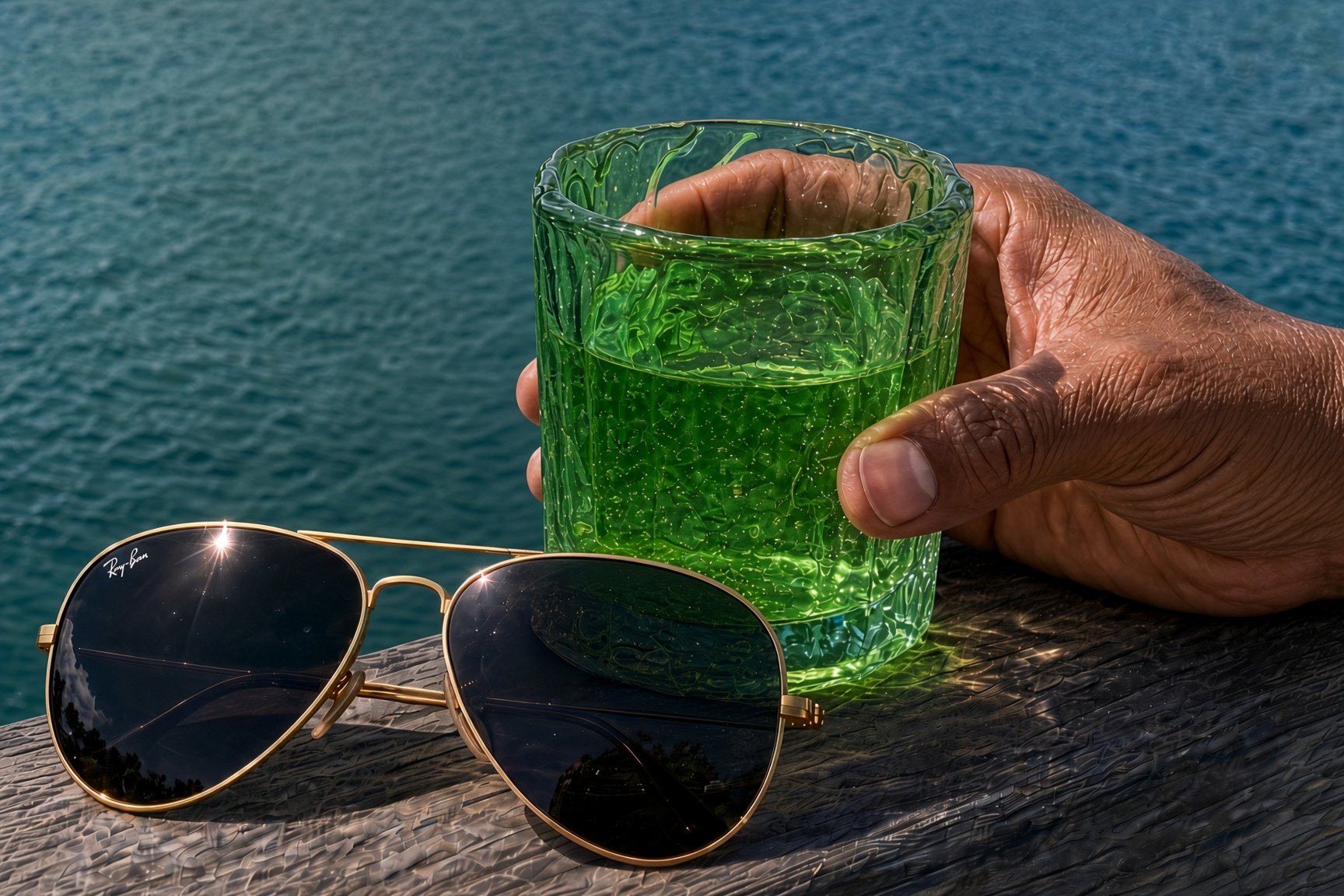 An emerald Crystal Shot on the dock, sunglasses and Bermuda water